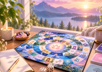 “Transformation game board with dice and symbolic elements representing self-reflection, personal gr
