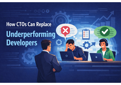 Illustration of a CTO evaluating performance, showing underperforming vs high-performing developer