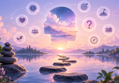 Self-reflection concept with symbolic thoughts, emotions, goals and a peaceful path representing sel